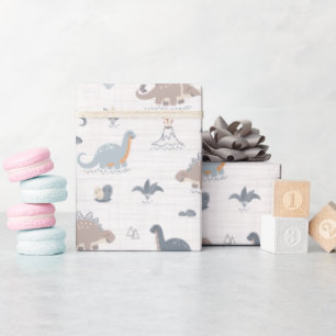 Cute Baby Boy Dinosaur Dino Blue Shower Pattern Wrapping Paper