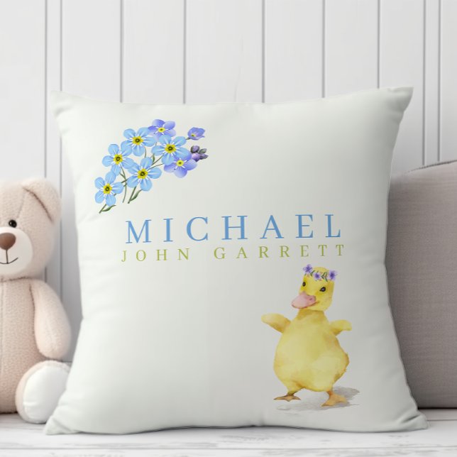 Cute baby boy duck pastel blue floral nursery cushion (Creator Uploaded)