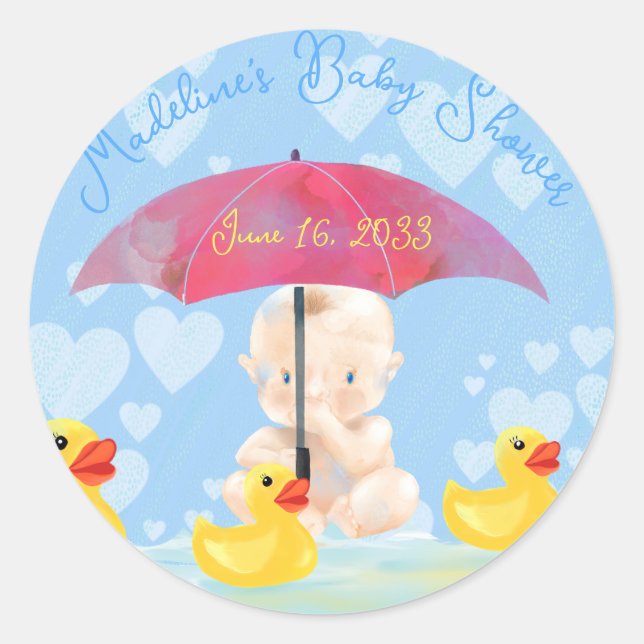 Cute Baby Boy Ducky and Umbrella Round Baby Shower Classic Round Sticker (Front)
