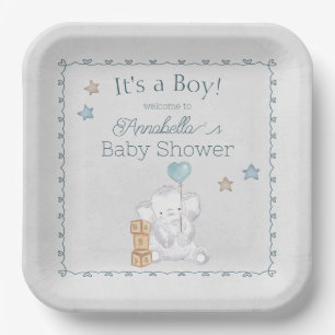 Cute Baby Boy Elephant and Balloon Watercolor Paper Plate