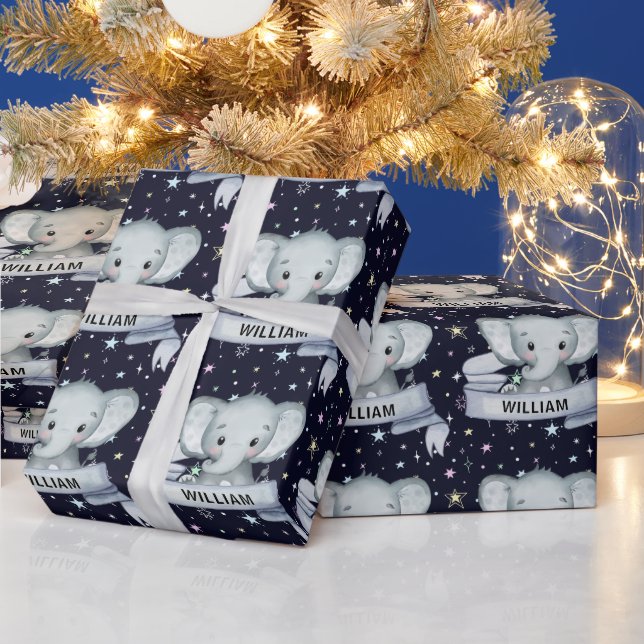 Cute Baby Boy Elephant Custom Name Stars Blue Wrapping Paper (Holidays)