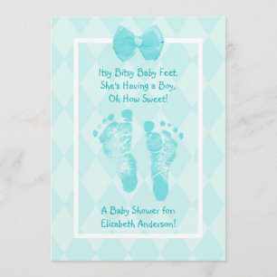 Cute Baby Boy Footprints Baby Shower Blue Ribbon Invitation