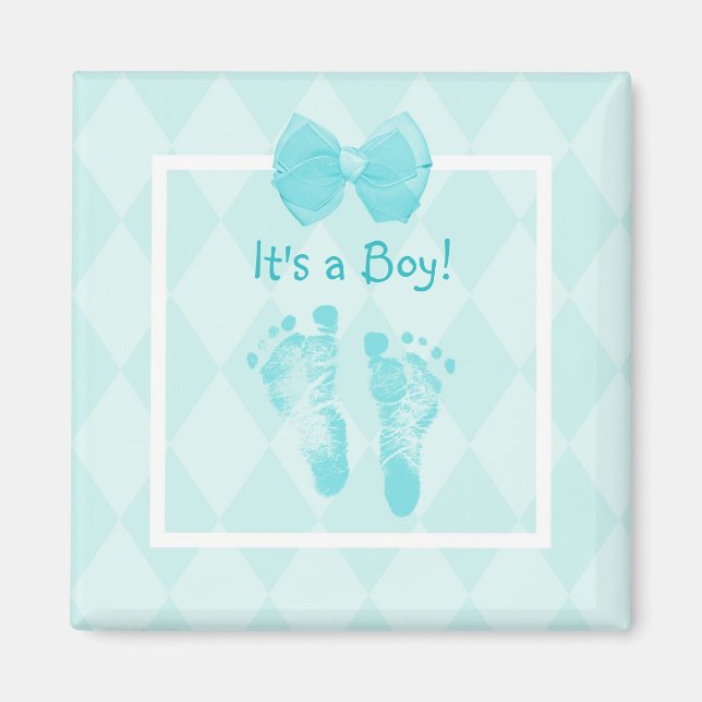 Cute Baby Boy Footprints Baby Shower Blue Ribbon Magnet (Front)