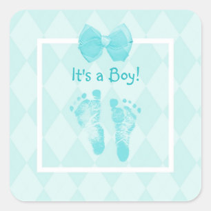 Cute Baby Boy Footprints Baby Shower Blue Ribbon Square Sticker