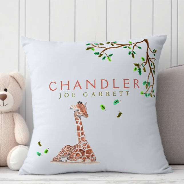 Cute baby boy giraffe pastel green tree nursery cushion (Creator Uploaded)
