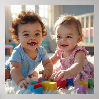 Cute Baby Boy & Girl Playing in a Sunlit Nursery Foil Prints