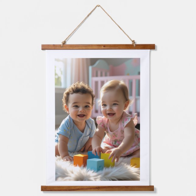 Cute Baby Boy & Girl Playing in a Sunlit Nursery Hanging Tapestry (Front)