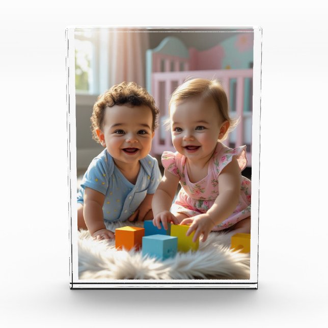 Cute Baby Boy & Girl Playing in a Sunlit Nursery Photo Block (Front)