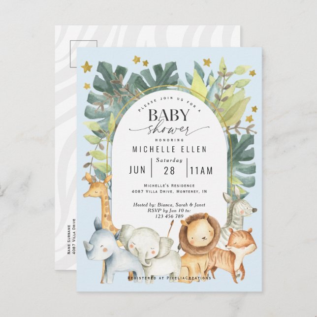Cute  baby boy modern safari jungle animals shower invitation postcard (Front/Back)