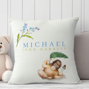 Cute baby boy monkey pastel blue floral nursery cushion