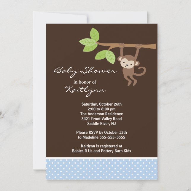 Cute Baby Boy Monkey Safari Baby Shower Invitation (Front)