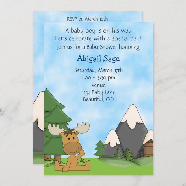 Cute Baby Boy Mountain Moose Baby Shower Invitation (Front/Back)