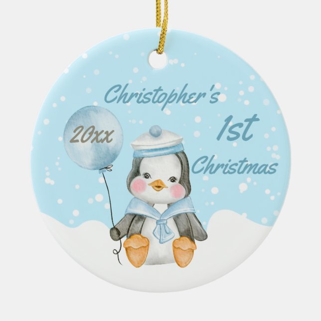 Cute Baby Boy Penguin's First Christmas Blue Ceramic Ornament (Front)