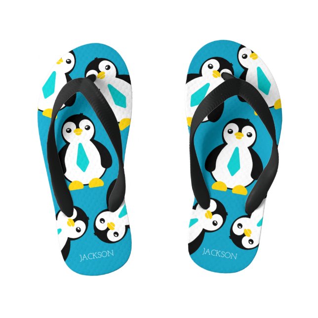 Cute Baby Boy Penguins with Blue Neckties Kid's Thongs (Footbed)