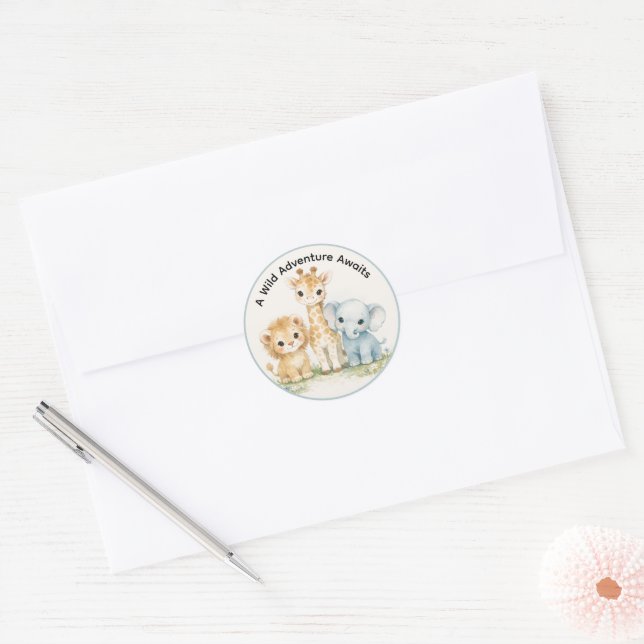 Cute Baby Boy Safari Animals Lion Giraffe Elephant Classic Round Sticker (Envelope)