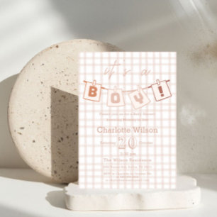 Cute Baby Boy Shower Brown Gingham Notedry Invitation