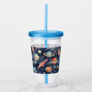 Cute Baby Boy Space Planet Watercolor Blue Orange Acrylic Tumbler