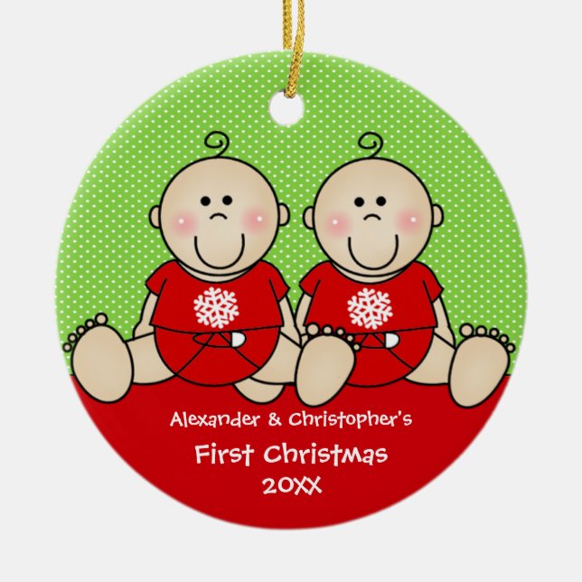 Cute Baby Boy Twin's First Christmas Ornament (Front)