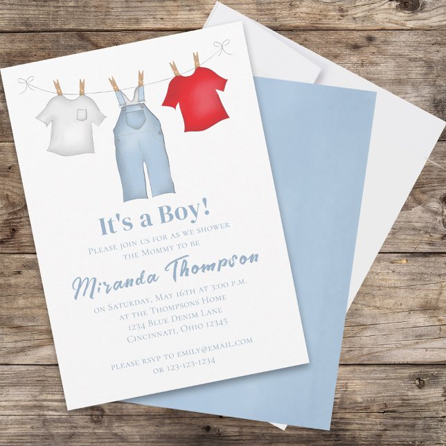 Cute Baby Boy Whimsical Denim Blue Clothesline Invitation (Creator Uploaded)