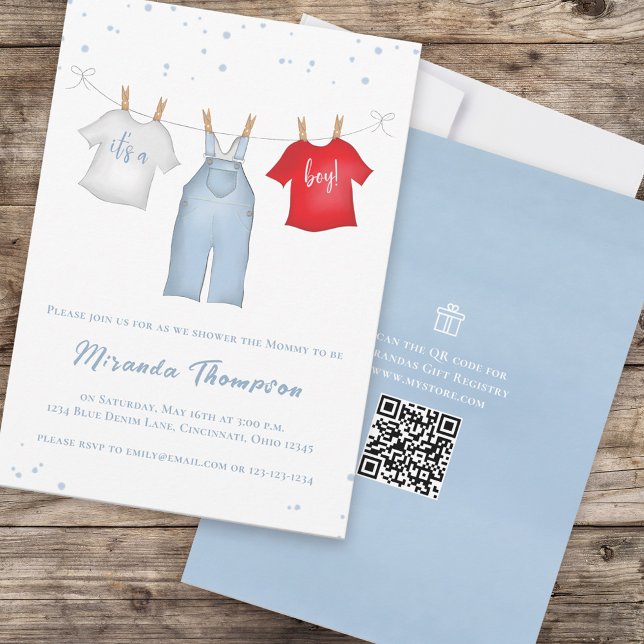 Cute Baby Boy Whimsical Denim Blue QR Code Invitation (Creator Uploaded)