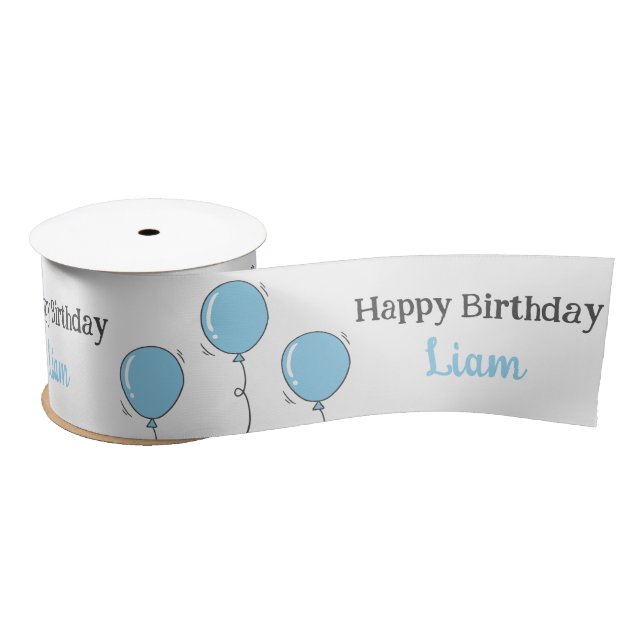 Cute Baby Boy's First Birthday Blue Balloon Custom Satin Ribbon (Spool)