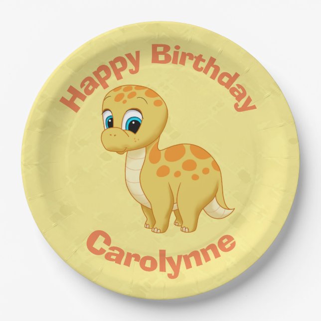 Cute Baby Brontosaurus Dinosaur Cutisaurus Yellow Paper Plate (Front)