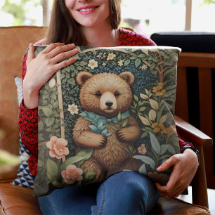 Cute Baby Brown Bear William Morris Inspired Cushion
