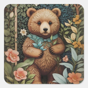 Cute Baby Brown Bear William Morris Inspired Square Sticker