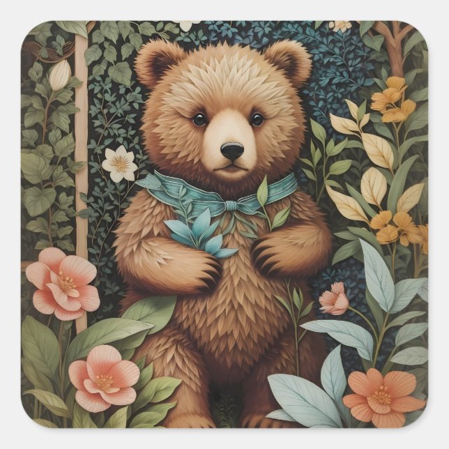 Cute Baby Brown Bear William Morris Inspired  Square Sticker (Front)