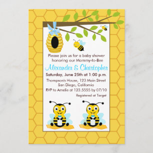Cute Baby Bumblebee Twin Boy Baby Shower Invitation