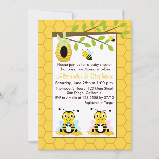 Cute Baby Bumblebee Twin Girls Boy Baby Shower Invitation (Front)