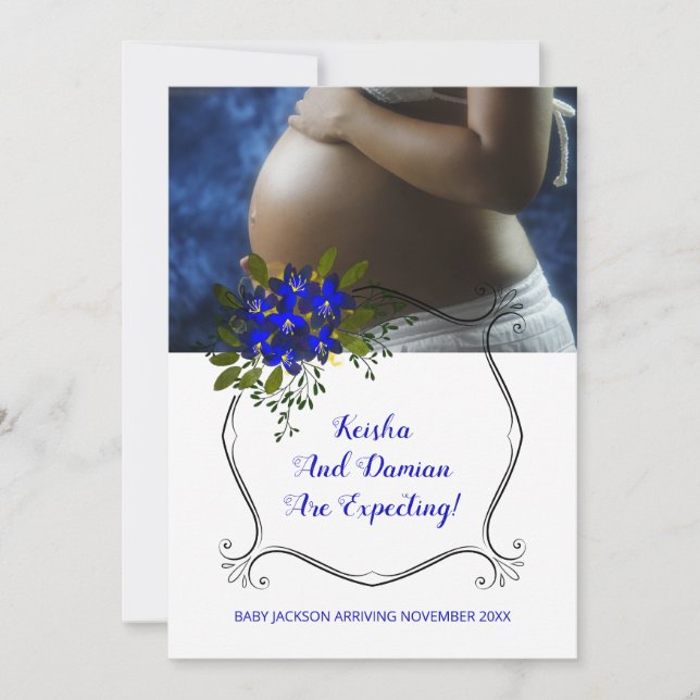 Cute Baby Bump And Purple Flower Wreath Pregnancy Announcement (Front)