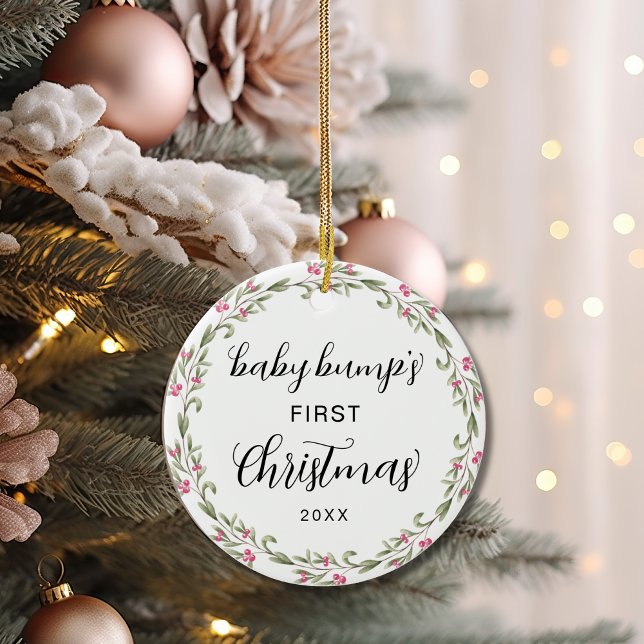 Cute Baby Bump's First Christmas Pink Berry Ceramic Ornament (Creator Uploaded)
