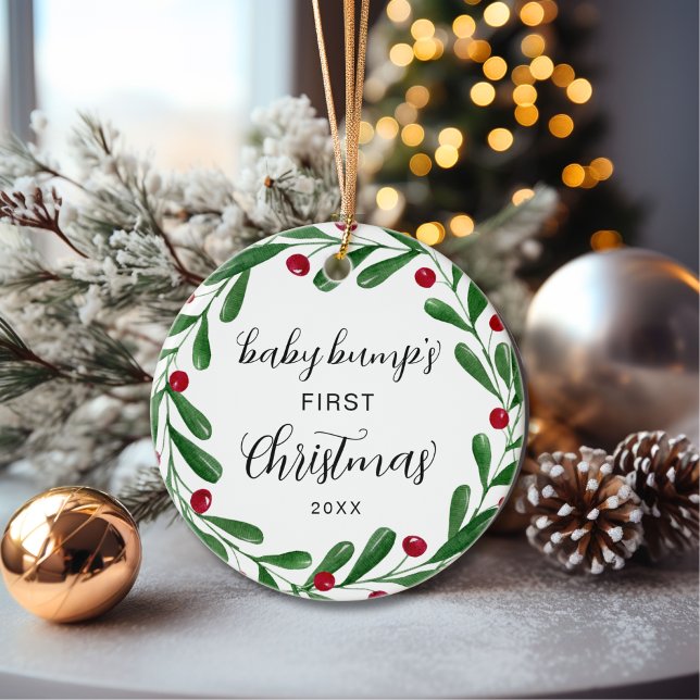 Cute Baby Bump's First Christmas Wreath Ceramic Ornament (Creator Uploaded)