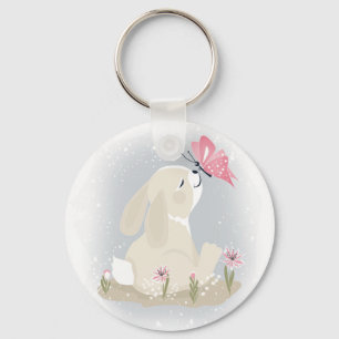 Cute baby Bunny and butterfly. Key Ring