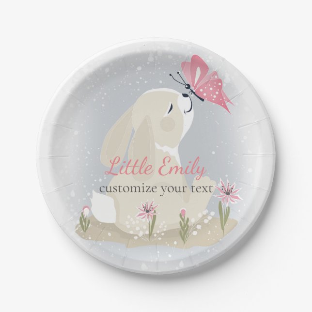 Cute baby Bunny and butterfly. Paper Plate (Front)