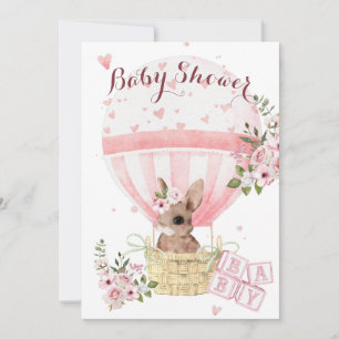 Cute Baby Bunny Floral Pink Baby Shower Invitation