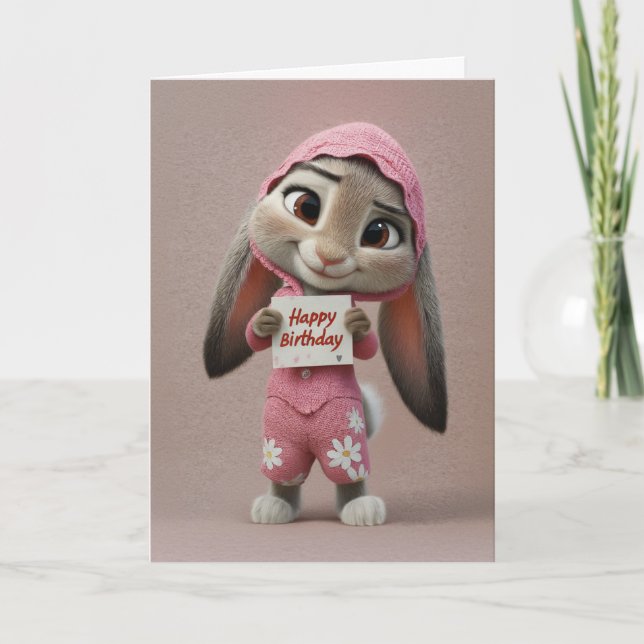 Cute Baby Bunny in Pink Romper Birthday Card (Front)