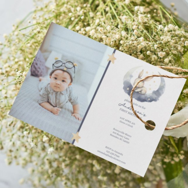 Cute Baby Bunny on a Moon Kid's Birthday Invitation (Creator Uploaded)