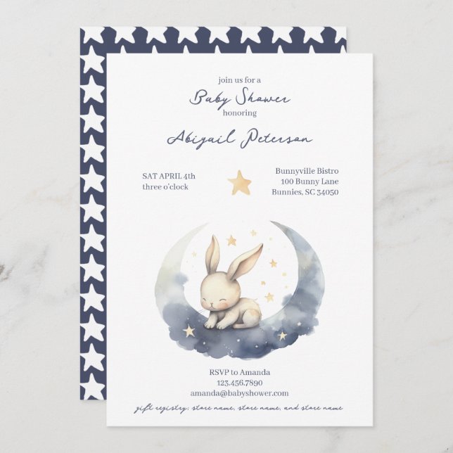 Cute Baby Bunny on a Moon with Stars Baby Shower Invitation (Front/Back)