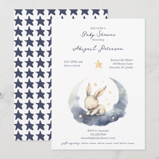 Cute Baby Bunny on a Moon with Stars Baby Shower Invitation (Front/Back)