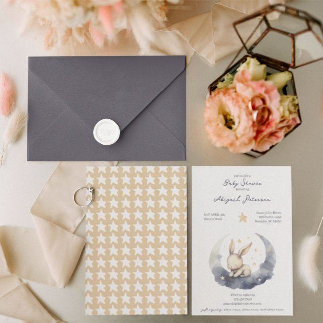 Cute Baby Bunny on a Moon with Stars Baby Shower Invitation (Creator Uploaded)