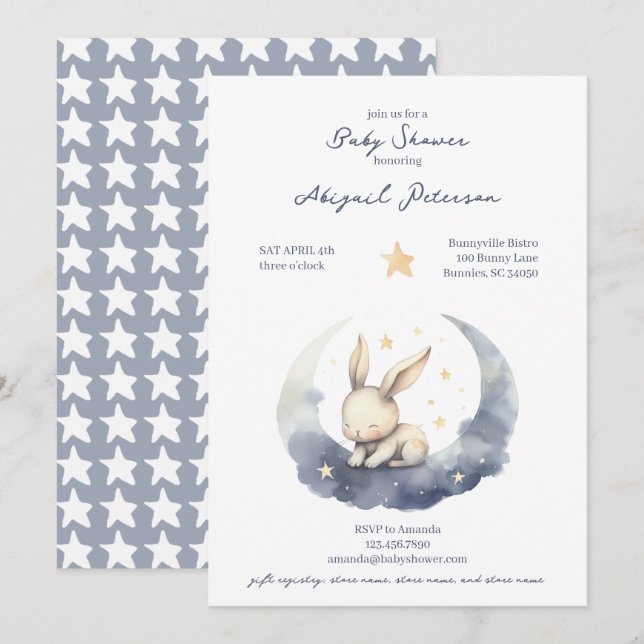 Cute Baby Bunny on a Moon with Stars Baby Shower Invitation (Front/Back)