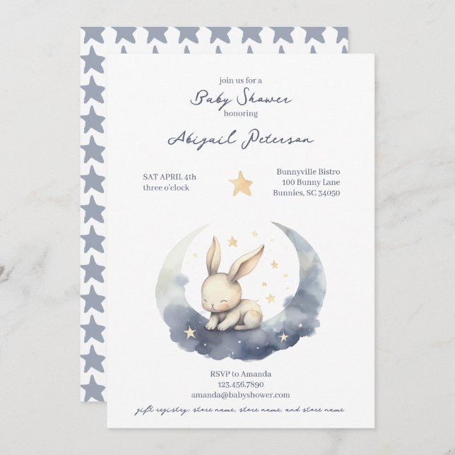 Cute Baby Bunny on a Moon with Stars Baby Shower Invitation (Front/Back)
