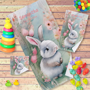 Cute Baby Bunny Pastel Watercolor Spring Flowers Bath Towel Set