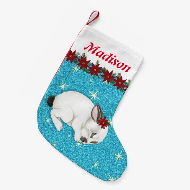 Cute Baby Bunny poinsettias Glitter Custom Name Small Christmas Stocking (Front (Hanging))