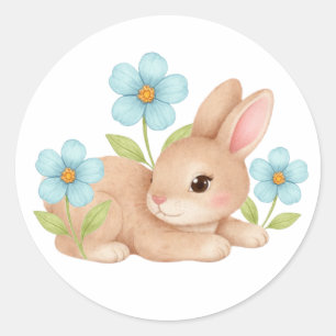Cute Baby Bunny Rabbit Flowers Classic Round Sticker