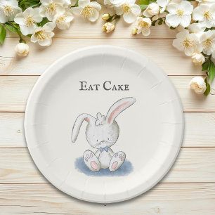 Cute Baby Bunny Rabbit with Blue Bow Tie Eat Cake Paper Plate