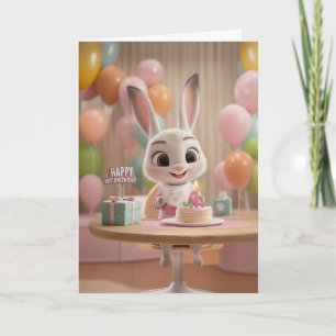 Cute Baby Bunny w/ Cake and Balloons 1st Birthday Card