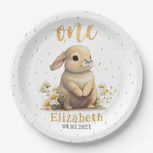 Cute Baby Bunny with Butterfly 1st Birthday Party Paper Plate